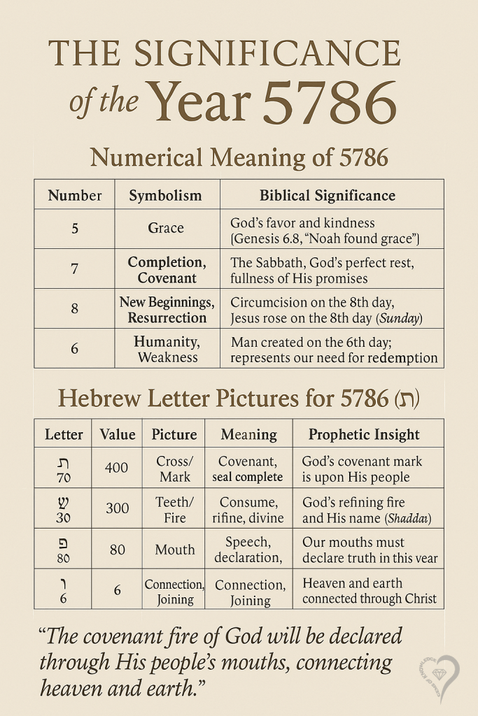 Prophetic chart of the Hebrew year 5786 with biblical meanings of numbers and Hebrew letters.