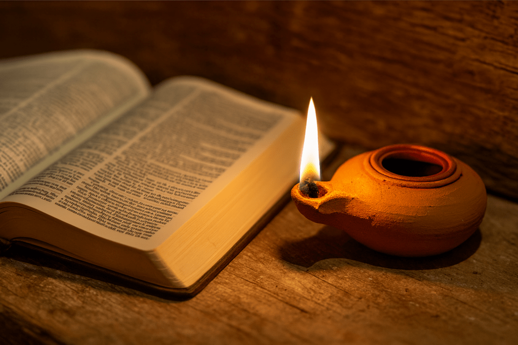 An ancient clay oil lamp burning with a steady flame beside an open Bible on a rustic wooden table, softly lit with warm light.