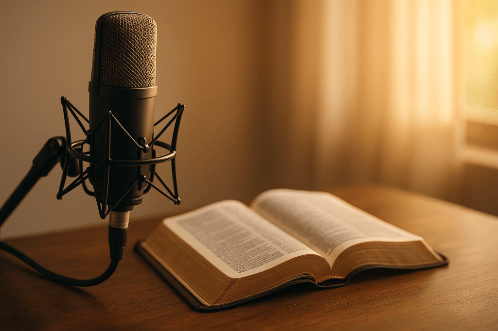 Podcast image of microphone with open bible