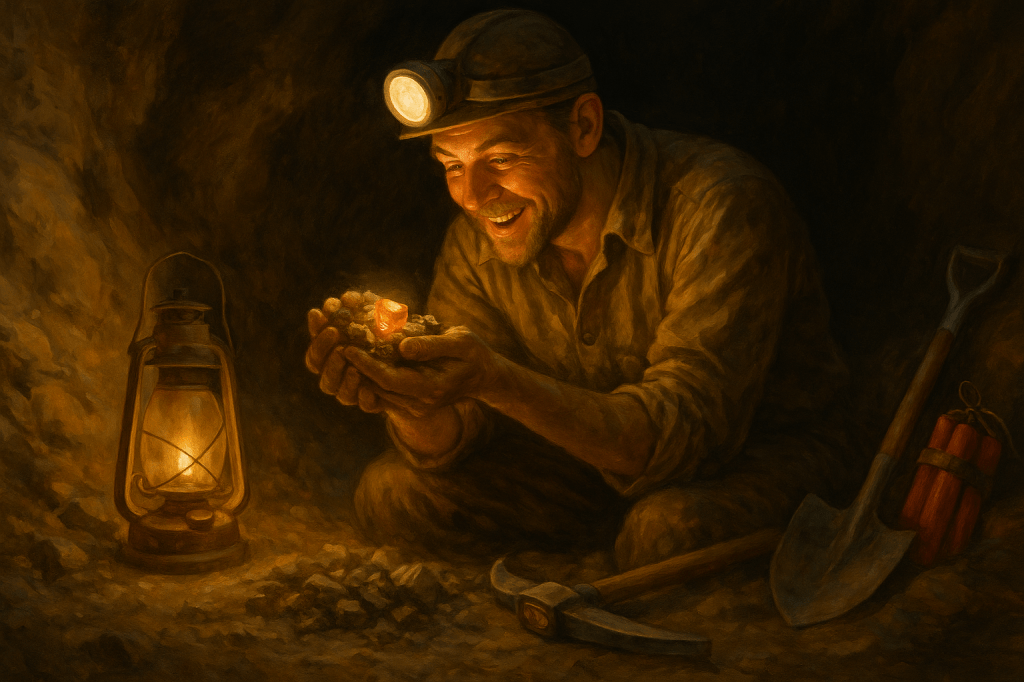Painterly, semi-realistic scene of a miner wearing a headlamp, smiling as he examines debris in his hand with a small gem among it; lantern, pickaxe, shovel, and dynamite lie beside him in a dim mine, 16:9.