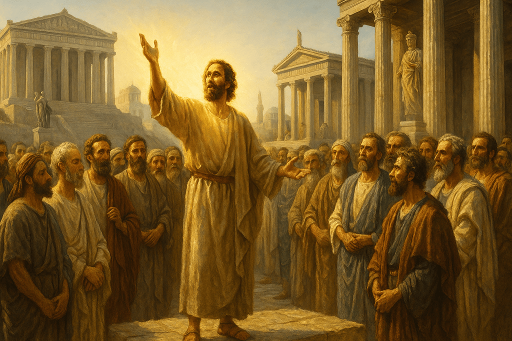 Paul stands in Athens with light emanating from him as he addresses well-dressed Athenians before classical temples and statues; scene inspired by Acts 17:16–34.
