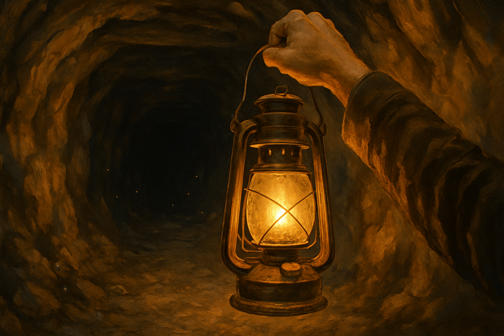 Painterly, semi-realistic view from a miner’s perspective: a hand holds a lantern slightly right of center, lighting a dark mine shaft where small gem glints sparkle in the rock walls ahead.
