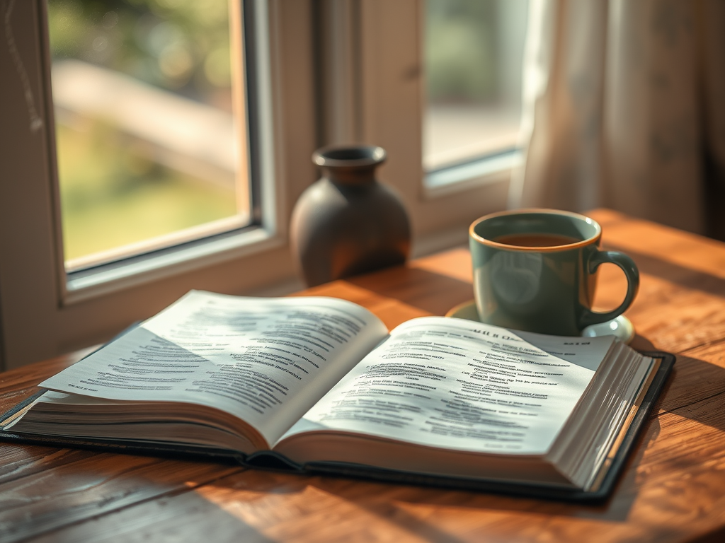 An open Bible with a cup of coffee beside it on a wooden table, symbolizing daily devotional time.