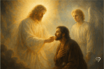 A traditional-style digital painting depicts Daniel kneeling reverently with one hand on his chest as the radiant pre-incarnate Christ touches his lips. Jesus is surrounded by soft golden light and divine glory. Beside Him stands a gentler, less imposing angelic figure symbolizing Gabriel, watching quietly. The scene is bathed in heavenly light and awe.