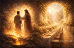 A symbolic image showing a transition from refining fire to a radiant heavenly wedding feast, representing God’s refining work leading to restoration, peace, and celebration with Christ.