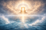 A radiant heavenly scene showing believers standing before God’s throne with the sea removed, light filling the space, symbolizing faithfulness, covenant, and full access to God’s presence.