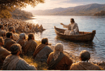Jesus seated in a boat on the water teaching a large crowd gathered along the shoreline, symbolizing attentive hearts positioned to receive His truth.