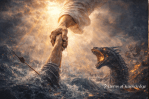 God’s radiant hand reaching down from heaven to rescue a person from stormy waters as a serpent rises nearby, symbolizing divine deliverance from danger.