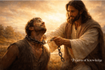 Jesus compassionately breaking a chain from a man’s neck at sunrise, symbolizing redemption and freedom from bondage in Leviticus 25.