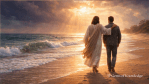 Jesus walking beside a man on a beach after a storm as sunlight breaks through clouds, symbolizing God’s presence, guidance, and peace after hardship.