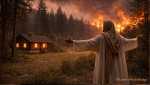 Jesus standing with arms outstretched protecting a log cabin in the forest while a wildfire burns at a distance, symbolizing God’s protection and authority over danger.