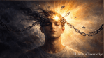 Person with chains breaking from their head as light shines through, symbolizing freedom from negative thoughts through Christ