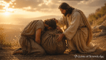 Jesus gently taking a heavy burden from a kneeling man at sunset, symbolizing surrender and God carrying our burdens