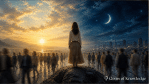 Person standing on a rock while blurred people move around under a sky split between day and night