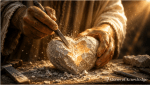 A cinematic image of Jesus’ scarred hands chiseling a glowing stone heart as pieces break away, symbolizing spiritual transformation and surrender.