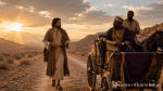 Philip walks beside the Ethiopian official's chariot on a desert road, explaining the Scriptures as the Holy Spirit leads their encounter.
