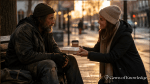A woman offers food and kindness to a homeless man sitting on a city bench, demonstrating Christlike compassion and hope.