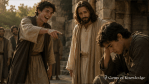 A young man is ridiculed by another while Jesus looks on with sorrow, illustrating how careless jokes and hurtful words can deeply wound others.