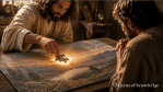 Jesus gently places the final piece into an antique wooden puzzle while a person watches in amazement, symbolizing God's wisdom revealing what was previously unknown.