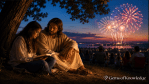 A young woman sits beneath a tree reading her Bible with Jesus beside her while fireworks light up the night sky in the distance on Independence Day.