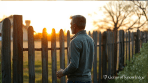A man standing before an open wooden gate at sunrise, contemplating the path ahead as warm golden light fills the countryside, symbolizing the choice to draw closer to God.