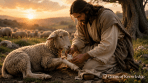 Jesus, the Good Shepherd, gently bandages the injured leg of a sheep at sunrise while the rest of the flock grazes peacefully nearby, symbolizing Christ's loving restoration and healing.