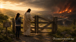 Jesus gently closes and locks a wooden gate while a believer watches with disappointment, unaware of the raging wildfire and collapsed bridge beyond. The image symbolizes God's loving protection when He closes doors for our good.