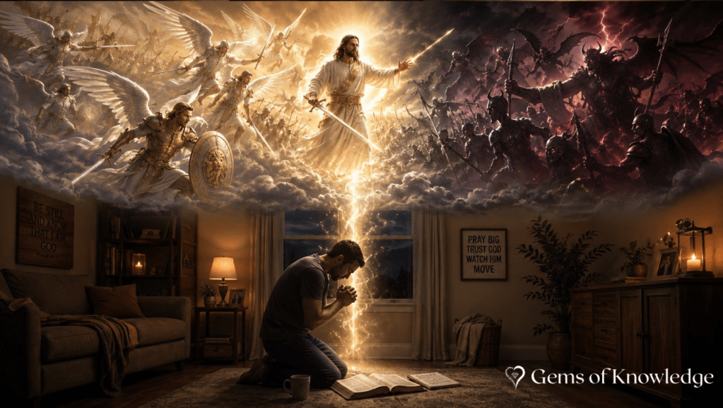 A man kneels in his home praying over an open Bible while the unseen spiritual realm above him reveals Jesus leading angelic forces against an approaching army of darkness.