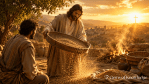 Jesus sifts wheat as a man watches beside a refining fire at sunset, while a glowing cross shines on the horizon, symbolizing God's sifting, purification, and Christ's finished victory.