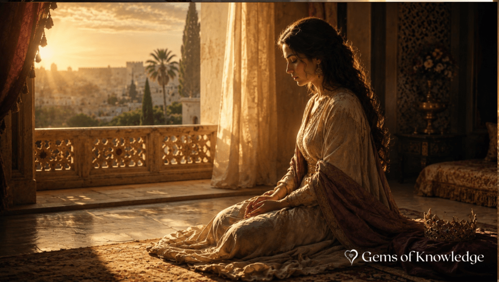 Esther sitting quietly in prayer beside an open palace balcony with her crown set aside as warm golden light fills the room.