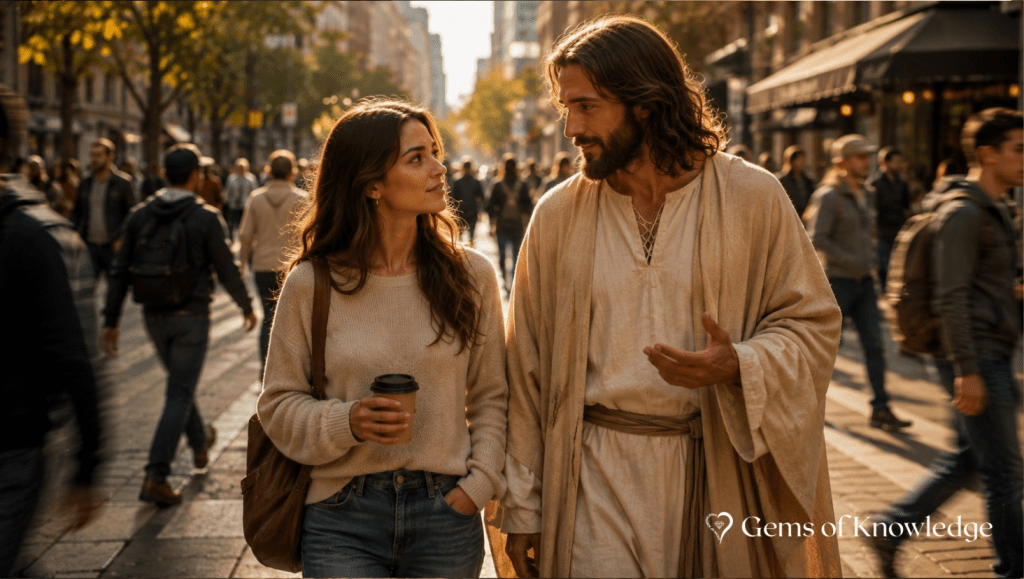 A modern woman walking with Jesus through a busy city street, listening attentively to Him as people hurry around them.