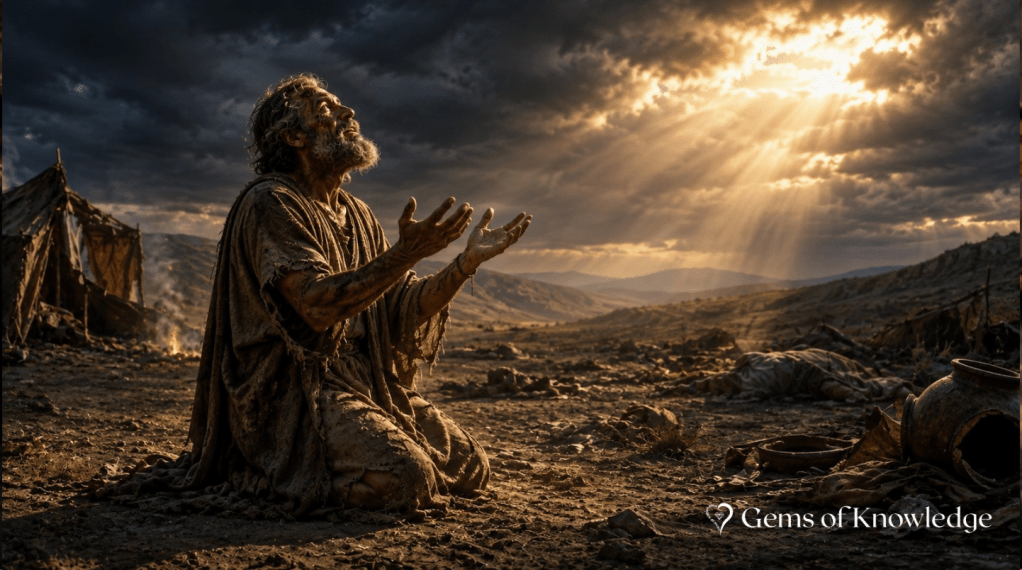 Job kneeling among the ruins of his life and looking toward golden light breaking through dark storm clouds.