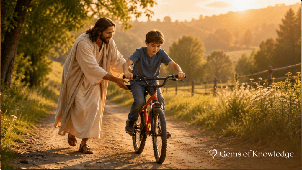 Jesus lovingly steadies a young boy learning to ride a bicycle along a peaceful country path in warm golden sunlight.