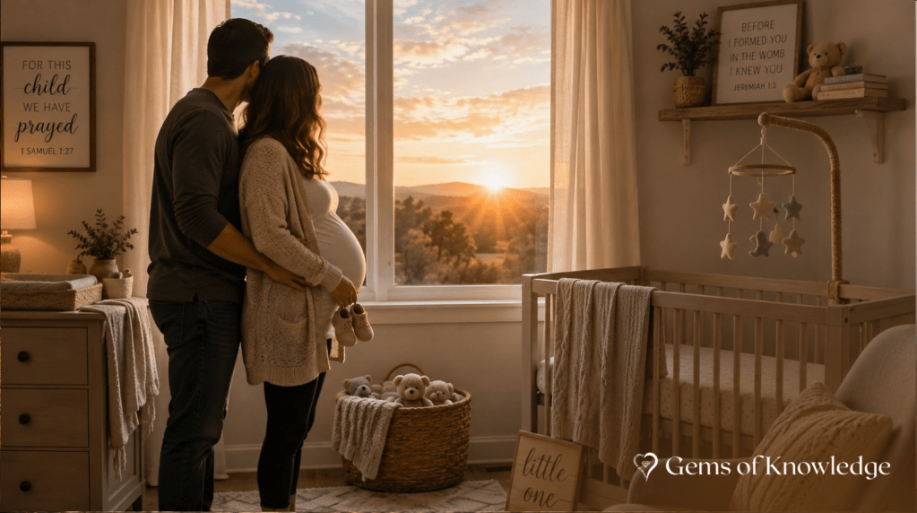 Expectant husband and pregnant wife standing together in a prepared nursery at sunrise as they faithfully wait for their baby.