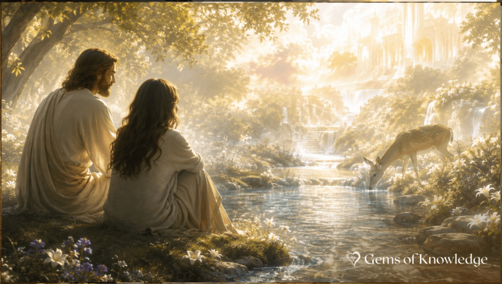 Jesus and a woman sitting together beside a beautiful heavenly stream while a deer drinks from the water nearby.