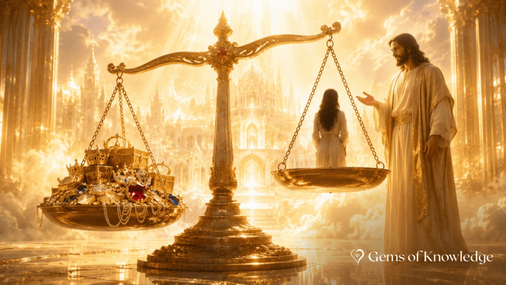A woman standing on one side of a heavenly balance scale opposite gold, silver, jewels, crowns, and earthly treasures as Jesus stands beside her.