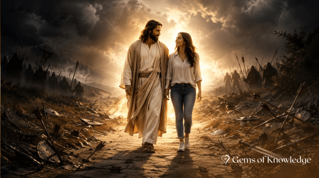 Jesus and a modern woman walking boldly together through a battlefield scattered with broken weapons as light shines around them.