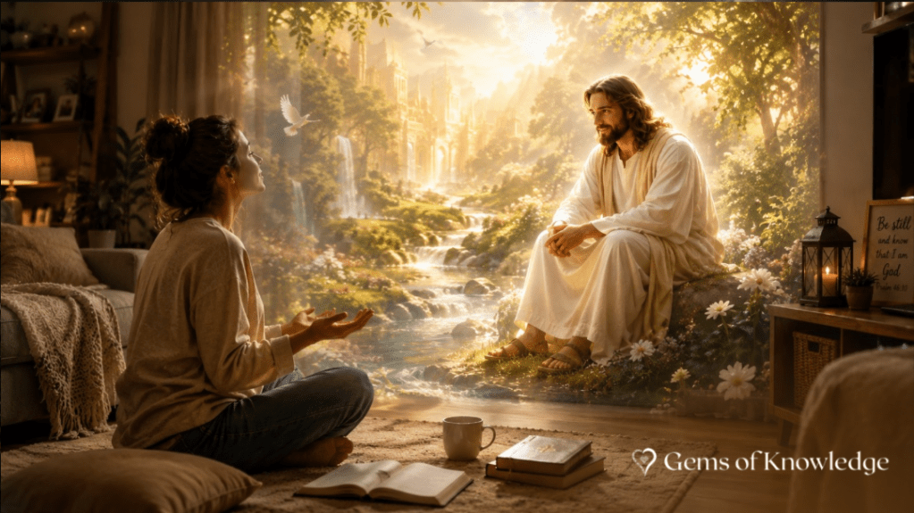 A woman spending quiet time with Jesus as her ordinary living room opens into a beautiful heavenly spiritual realm.