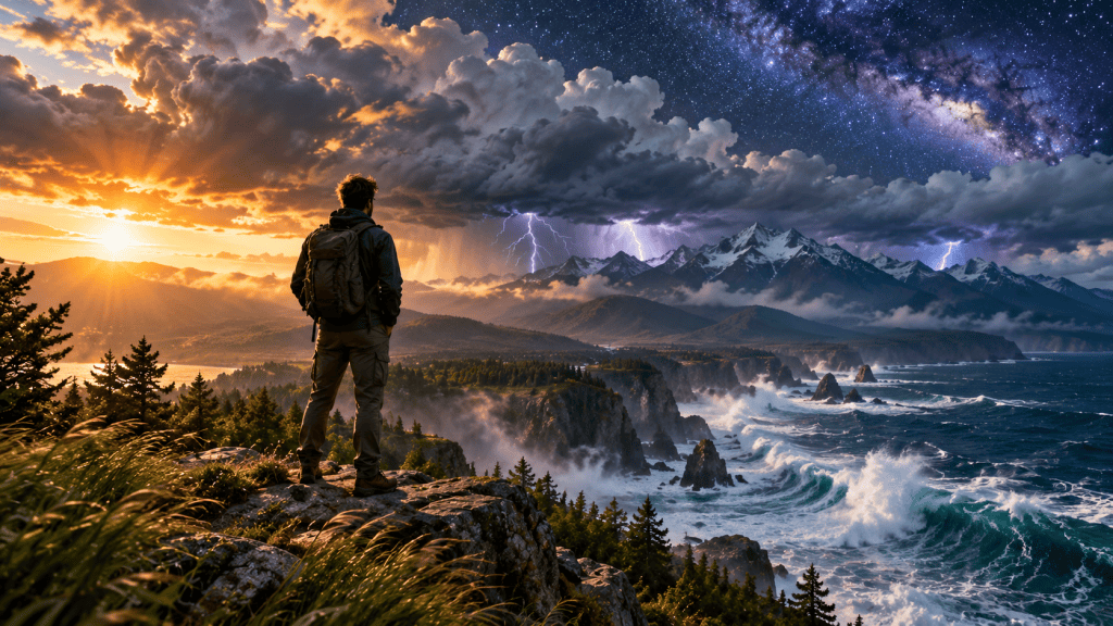 A man standing on a rocky cliff overlooking powerful ocean waves, mountains, lightning, storm clouds, a brilliant sunset, and the Milky Way.