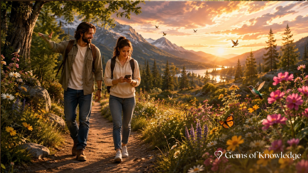 A man and woman hiking through a beautiful mountain landscape filled with colorful wildflowers, birds, butterflies, a lake, and golden sunlight as the man points out the scenery around them.