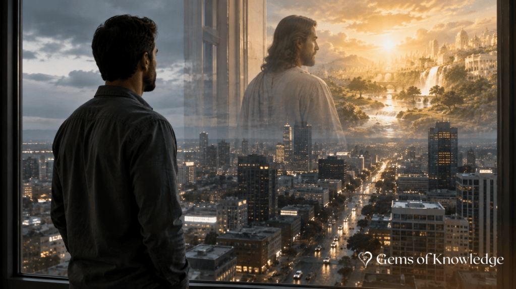 A man looking through a window over a busy earthly city while the reflection reveals Jesus and a beautiful heavenly Kingdom filled with golden light.