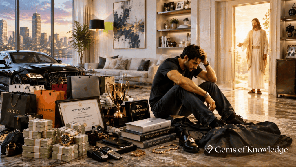 A successful man sitting discouraged among money, luxury possessions, awards, electronics, and expensive belongings while Jesus stands in a bright doorway inviting him toward something greater.