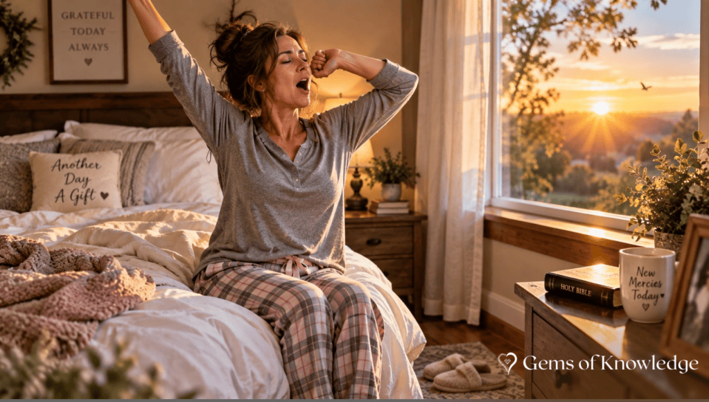 A woman in pajamas sitting on the edge of her bed, yawning and stretching as warm morning sunlight streams through the window.