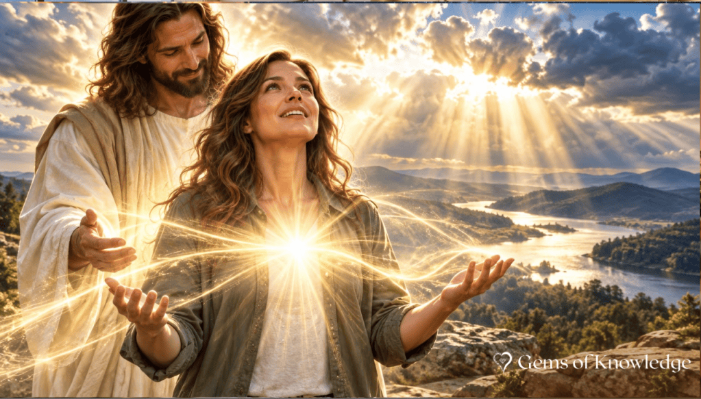 Jesus standing behind a woman as brilliant heavenly light radiates from within her, symbolizing the power and presence of the Holy Spirit.
