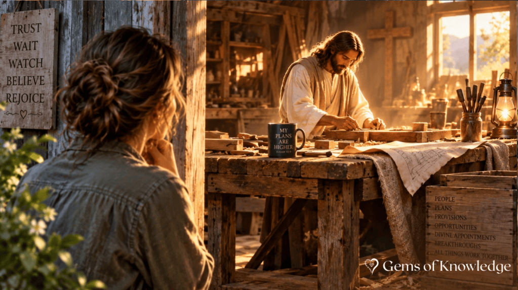A woman quietly watches Jesus working as a master craftsman at a table filled with plans and pieces, symbolizing God working behind the scenes in our lives.