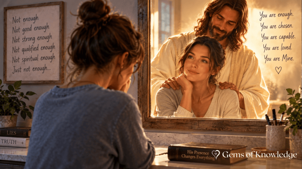 A discouraged woman looks into a mirror and sees Jesus standing behind her as her reflection becomes peaceful and confident in His presence.