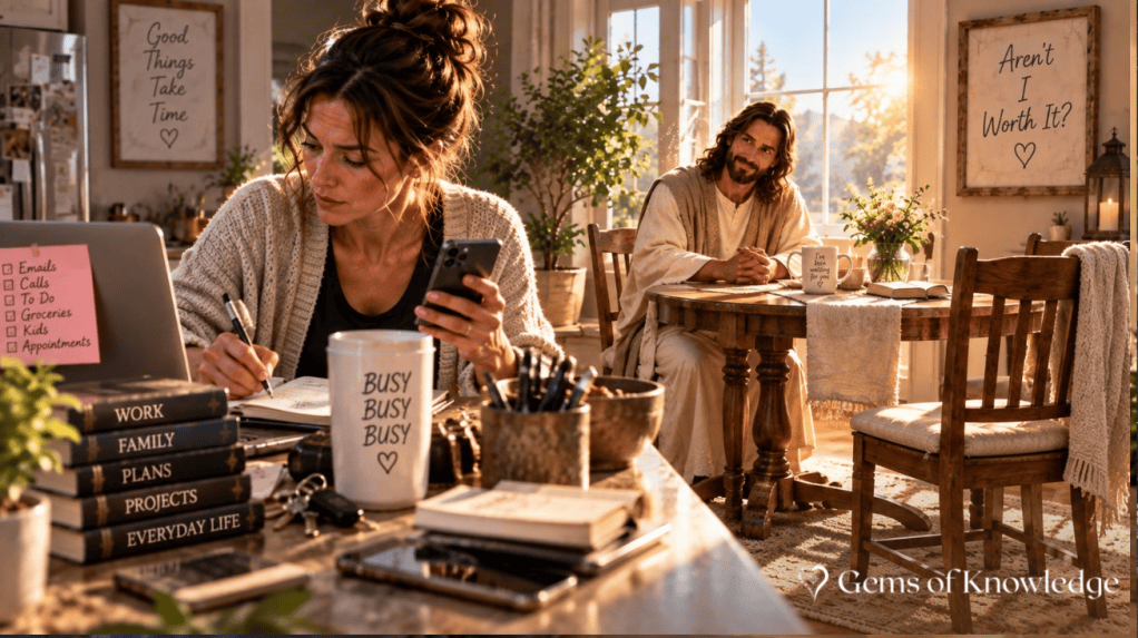 A busy woman works on her phone and laptop while Jesus patiently waits for her at a nearby table with an empty chair in the warm morning sunlight.