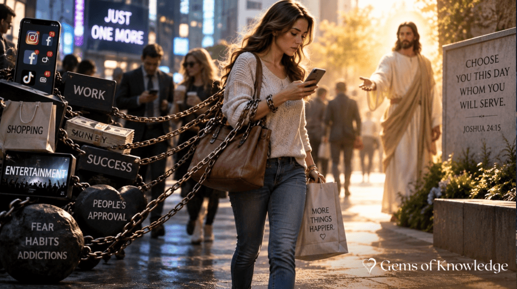 A distracted woman walks through a busy city while chains connect her to work, money, shopping, success, entertainment, approval, fear, habits, and addictions as Jesus reaches toward her in the light.