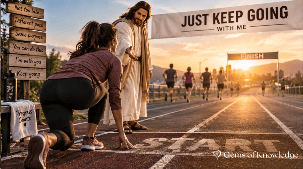 A woman kneels at the starting line of a race while other runners are already far ahead, and Jesus stands beside her reaching out His hand and encouraging her to begin.
