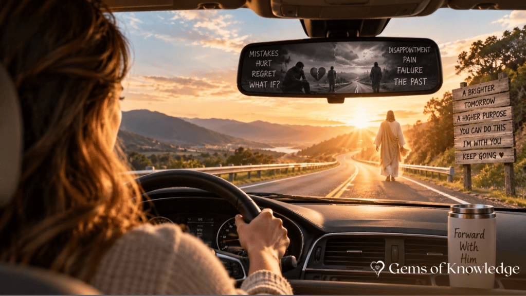 A woman drives toward Jesus on a beautiful sunlit road while her rearview mirror reflects mistakes, hurt, regret, disappointment, failure, and other painful experiences from her past.